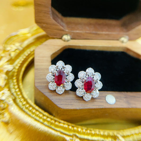 18K Gold White & Red Gemstone Oval Petal Earrings | Luxury Jewelry Jeweler.Jewelry