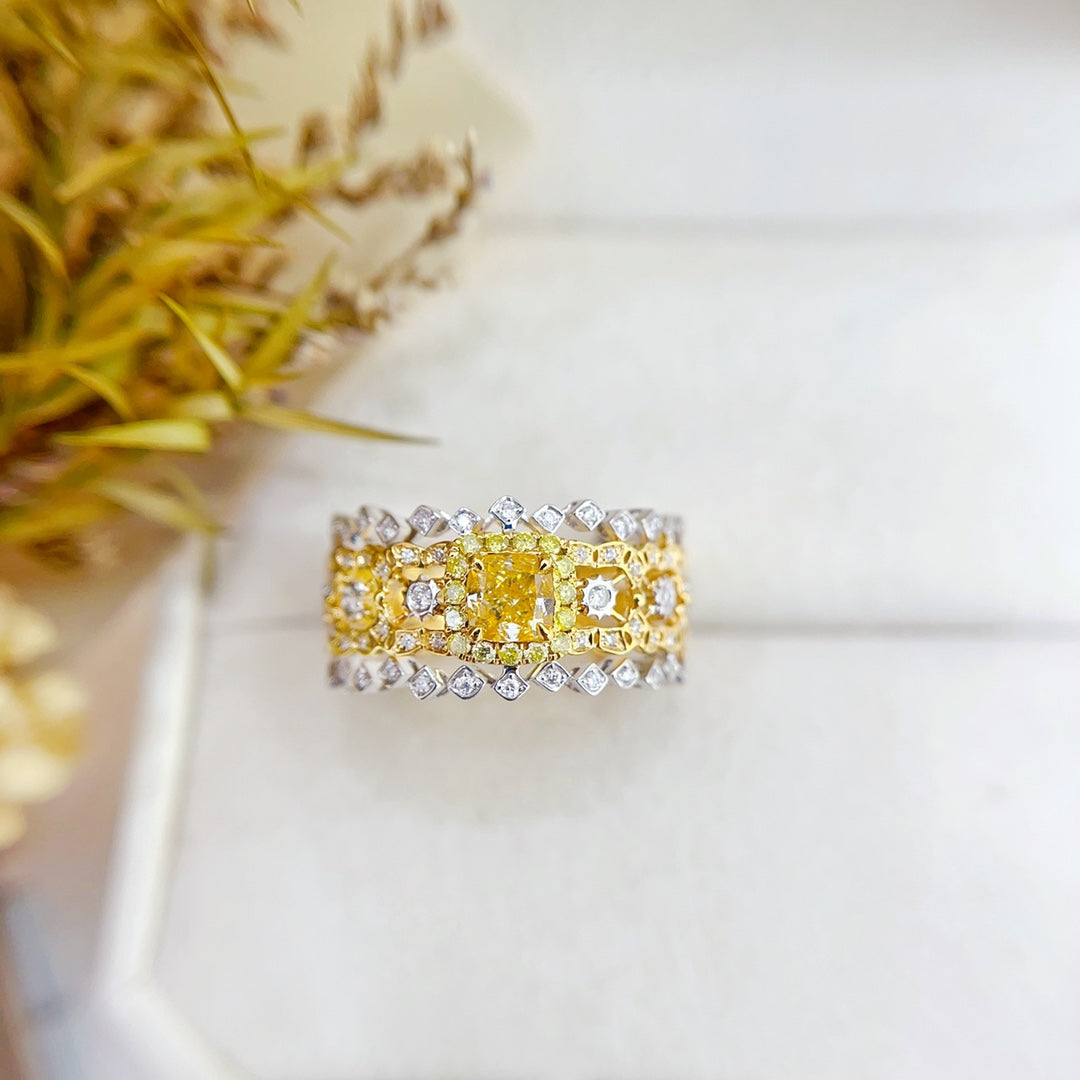 18K Gold Yellow Diamond Cushion Hive Two-Tone Ring | Premium Jewelry - Yellow Diamond Ring