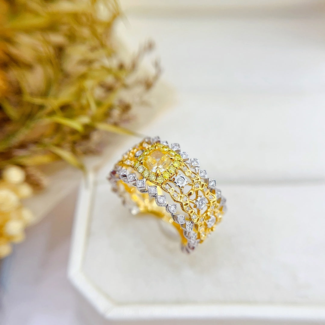 18K Gold Yellow Diamond Cushion Hive Two-Tone Ring | Premium Jewelry - Yellow Diamond Ring