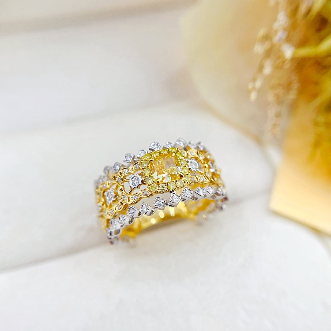 18K Gold Yellow Diamond Cushion Hive Two-Tone Ring | Premium Jewelry - Yellow Diamond Ring