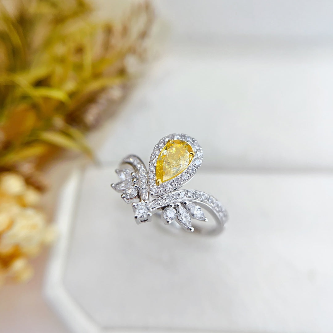 18K Gold Yellow Diamond Waterdrop Crown Ring - Luxurious Jewelry - Yellow Diamond Ring