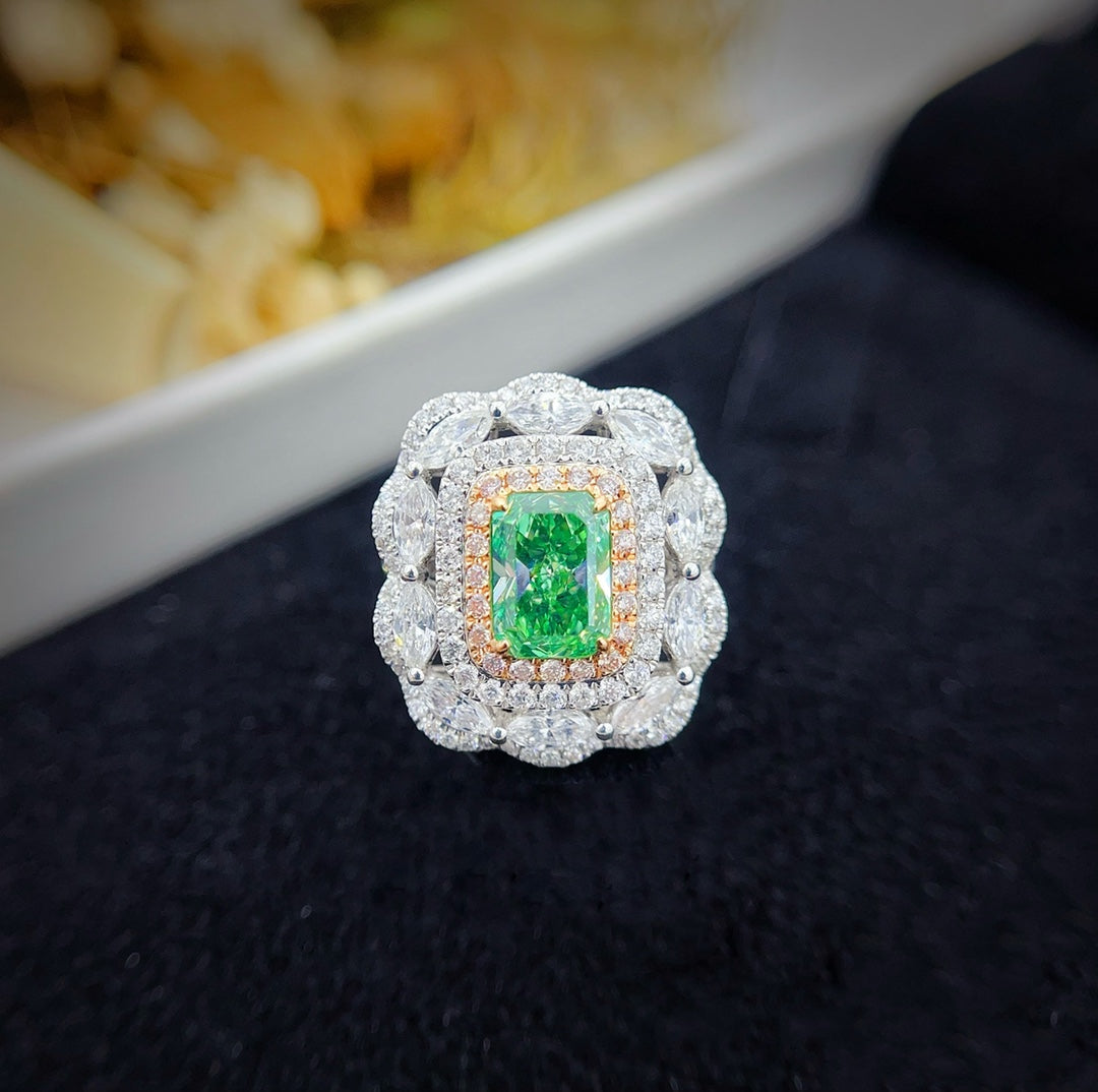 18K Green Diamond and Diamond Halo Cushion-Cut with Marquise Double-Wear Jewelry - GIA Green Diamond Ring