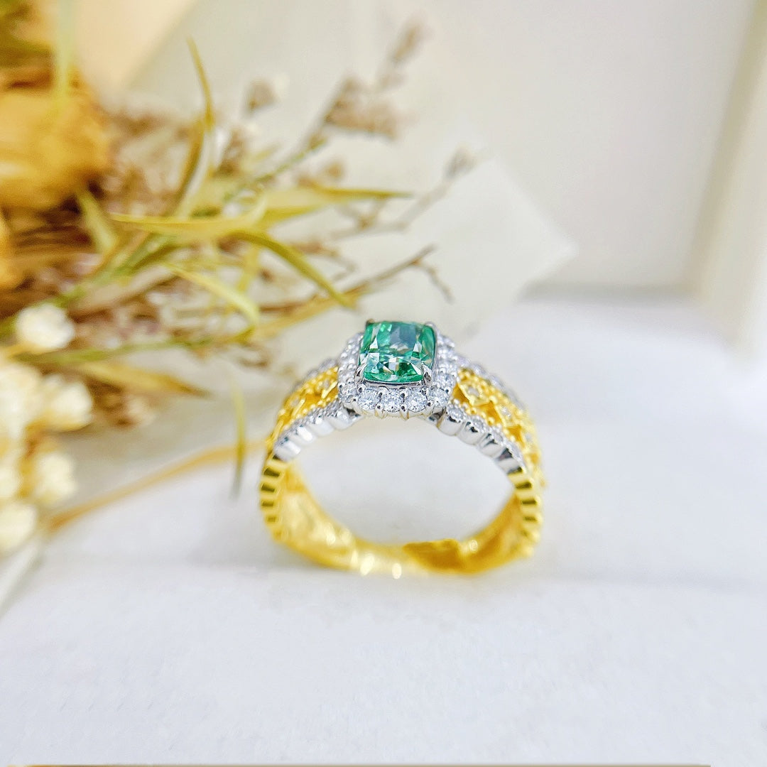 18K Green Diamond Cushion-Cut Beehive Color-Separated Ring | Premium Jewelry - Green Diamond Ring