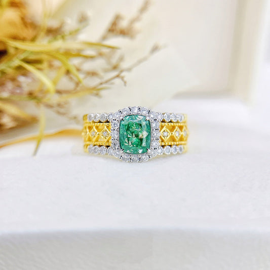 18K Green Diamond Cushion-Cut Beehive Color-Separated Ring | Premium Jewelry - Green Diamond Ring