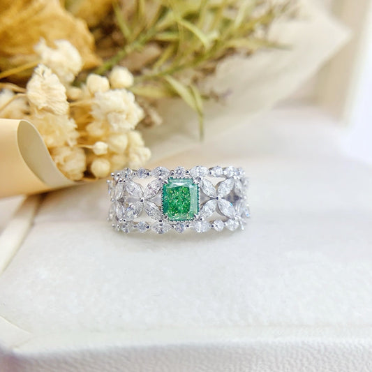 18K Green Diamond Cushion-Cut Four-Leaf Openwork Ring - Luxurious Jewelry - Green Diamond Ring