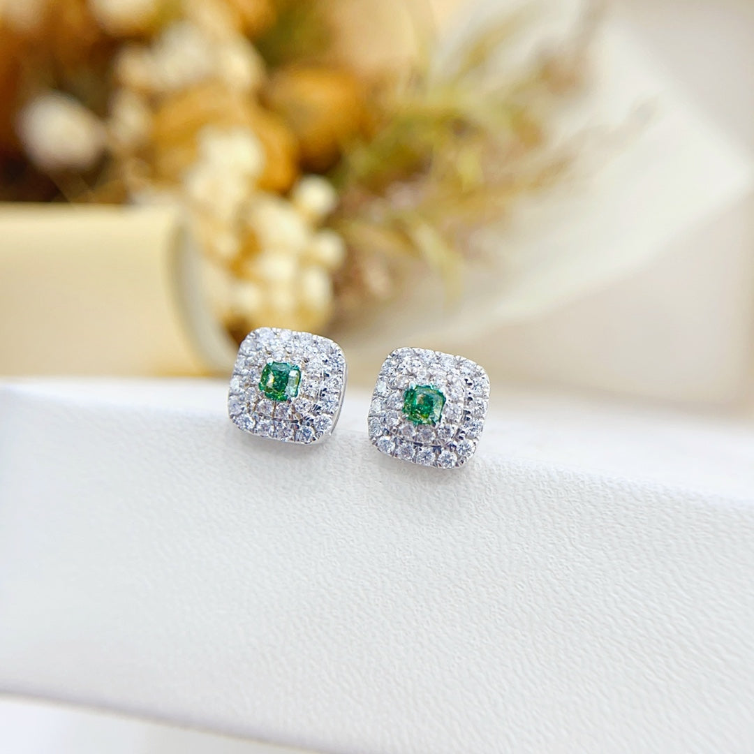 18K Green Diamond Cushion-Cut Halo Earrings - ED006-G Jeweler.Jewelry