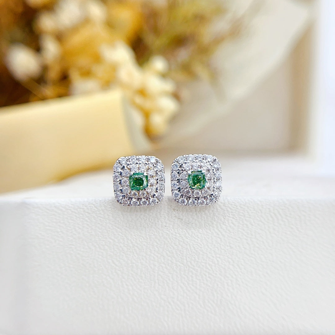 18K Green Diamond Cushion-Cut Halo Earrings - ED006-G Jeweler.Jewelry