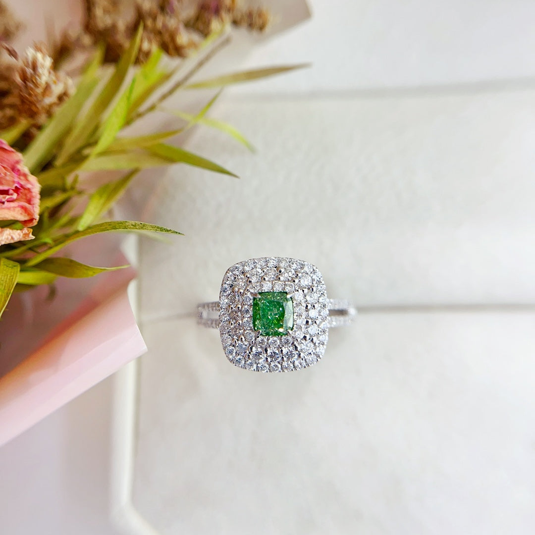 18K Green Diamond Cushion-Cut Halo Hollow Arm Ring with AGL Certificate - Luxury Jewelry - Green Diamond Ring