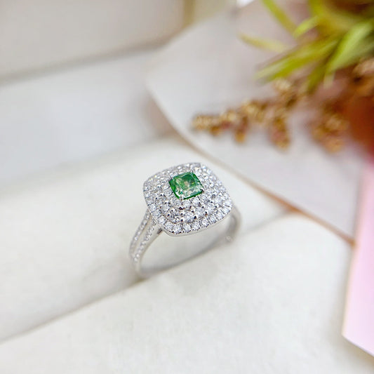 18K Green Diamond Cushion-Cut Halo Hollow Arm Ring with AGL Certificate - Luxury Jewelry - Green Diamond Ring