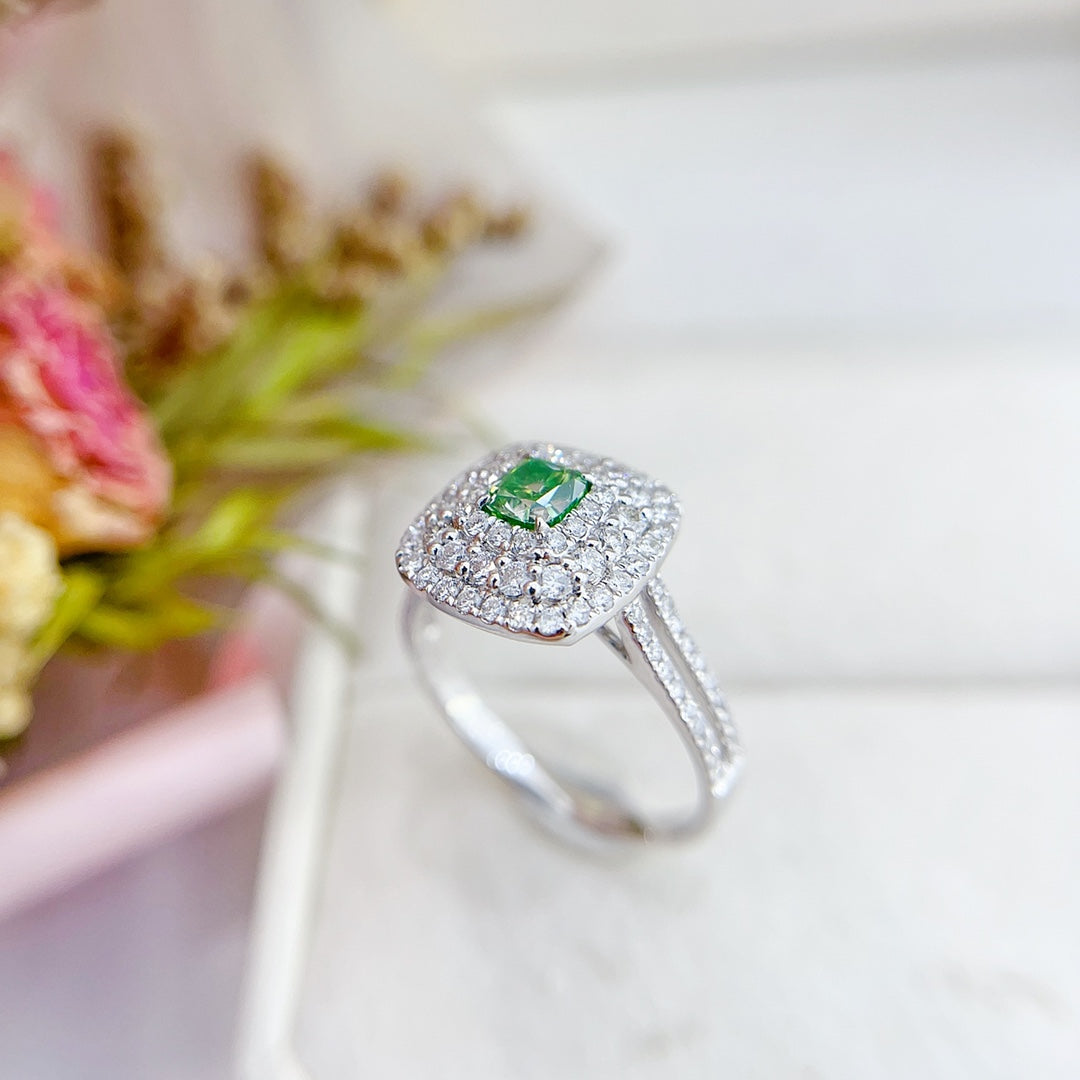 18K Green Diamond Cushion-Cut Halo Hollow Arm Ring with AGL Certificate - Luxury Jewelry - Green Diamond Ring