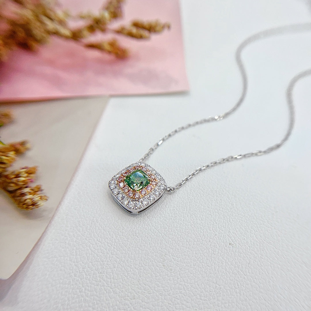 18K Green Diamond Cushion-Cut Halo Necklace - Luxurious Jewelry - Green Diamond Necklace