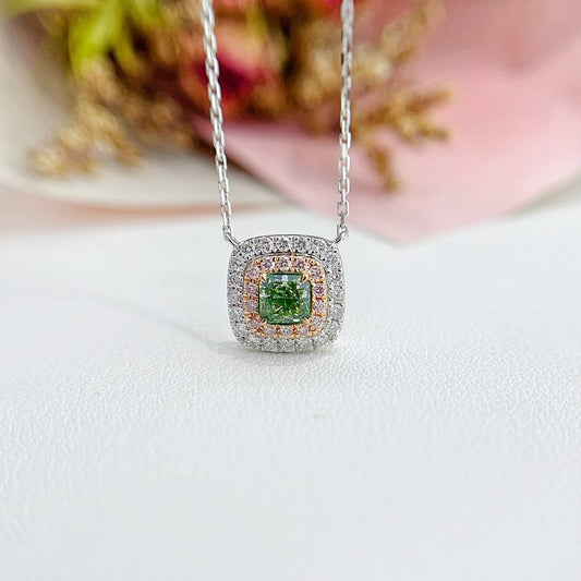 18K Green Diamond Cushion-Cut Halo Necklace - Luxurious Jewelry - Green Diamond Necklace