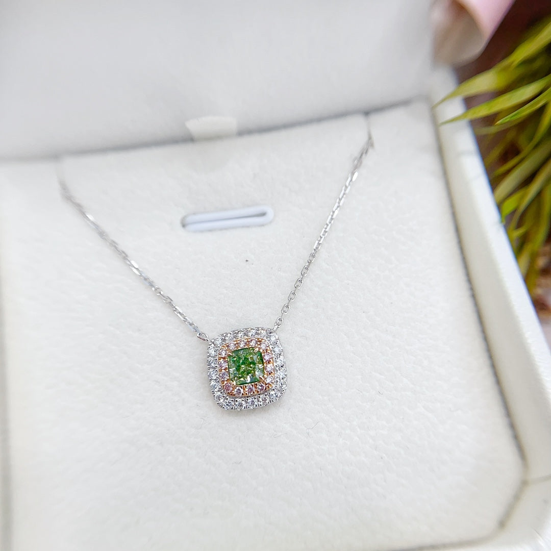 18K Green Diamond Cushion-Cut Halo Necklace - Luxurious Jewelry - Green Diamond Necklace