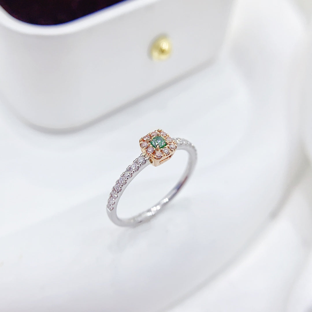 18K Green Diamond Cushion-Cut Halo Ring - Exquisite Jewelry - Green Diamond Ring