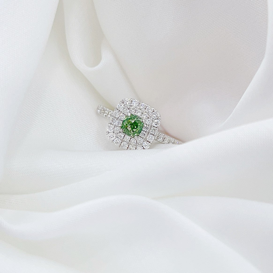 18K Green Diamond Cushion-Cut Halo Ring - Premium Jewelry - Green Diamond Ring