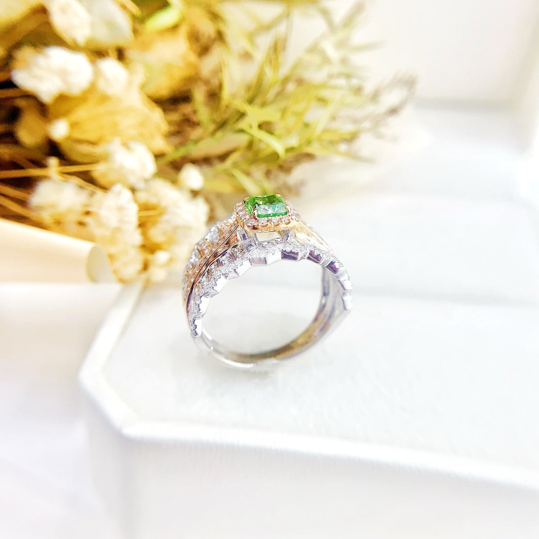 18K Green Diamond Cushion-Cut Halo Ring - Premium Jewelry - Green Diamond Ring