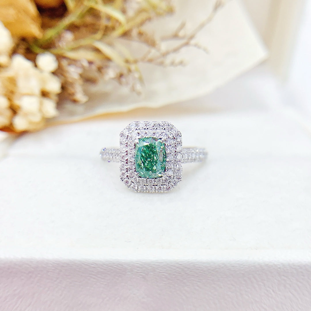 18K Green Diamond Cushion-Cut Halo Ring - Premium Jewelry - Green Diamond Ring