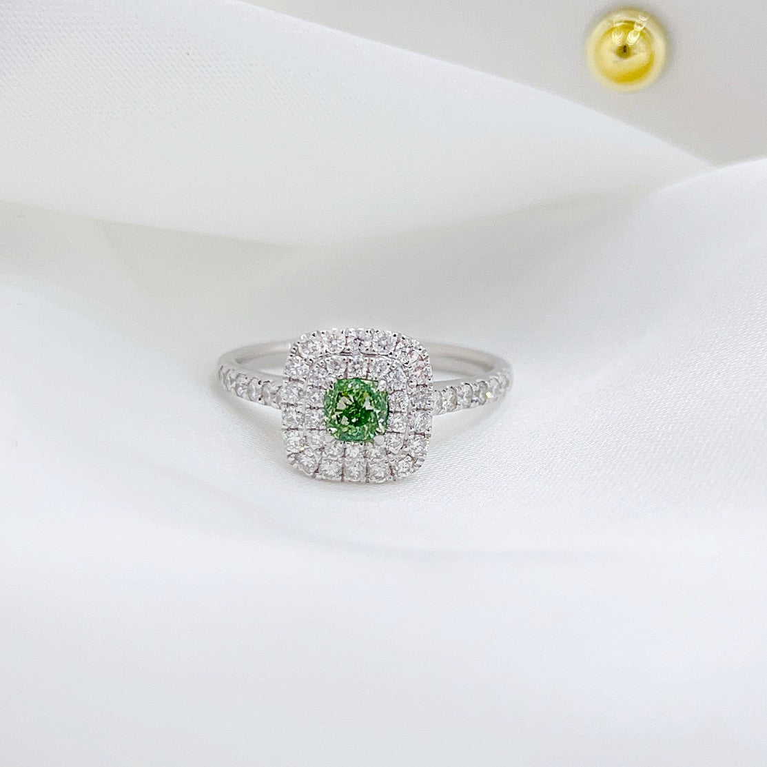 18K Green Diamond Cushion-Cut Halo Ring - Premium Jewelry - Green Diamond Ring