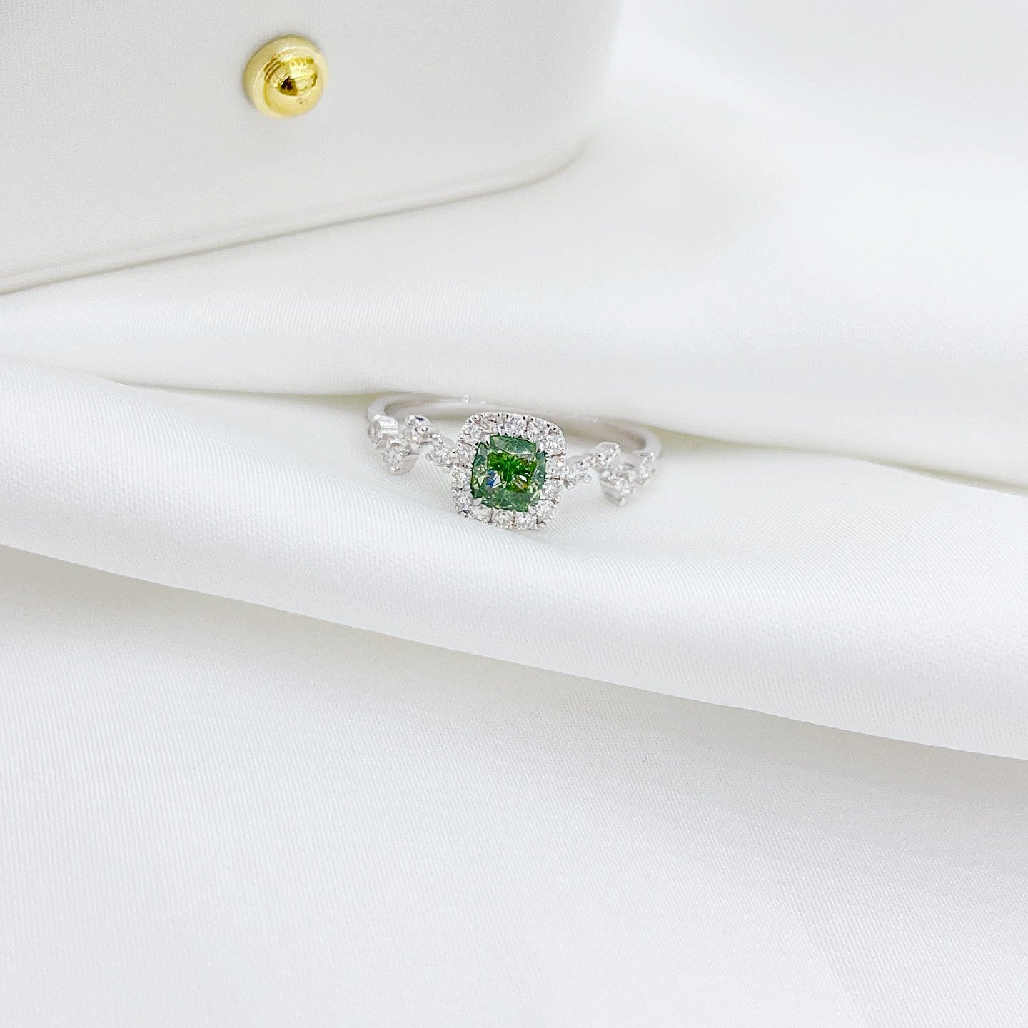 18K Green Diamond Cushion-Cut Halo Ring - Premium Jewelry - Green Diamond Ring