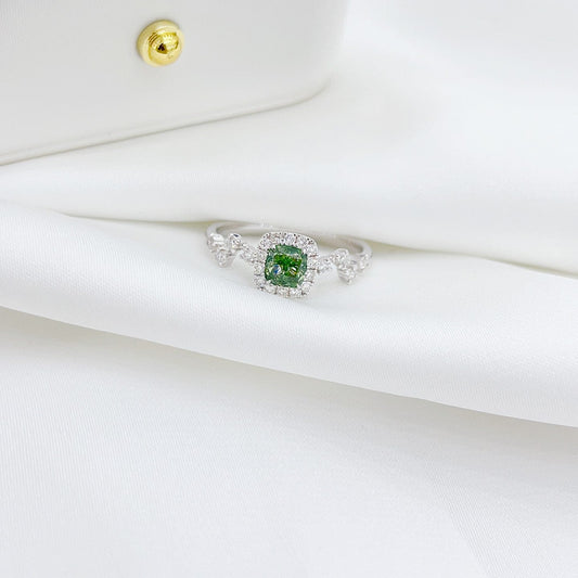 18K Green Diamond Cushion-Cut Halo Ring - Premium Jewelry - Green Diamond Ring