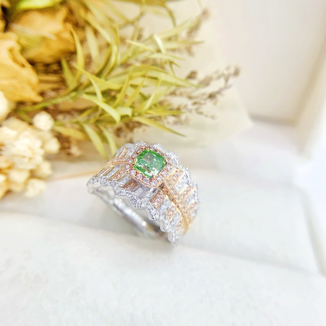 18K Green Diamond Cushion-Cut Halo Ring - Premium Jewelry - Green Diamond Ring