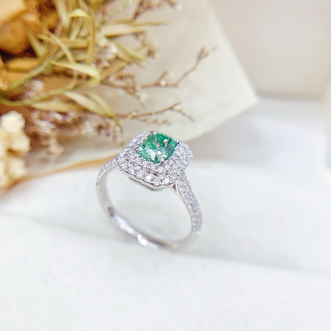 18K Green Diamond Cushion-Cut Halo Ring - Premium Jewelry - Green Diamond Ring