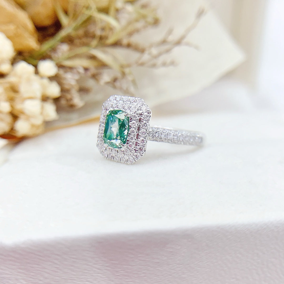 18K Green Diamond Cushion-Cut Halo Ring - Premium Jewelry - Green Diamond Ring