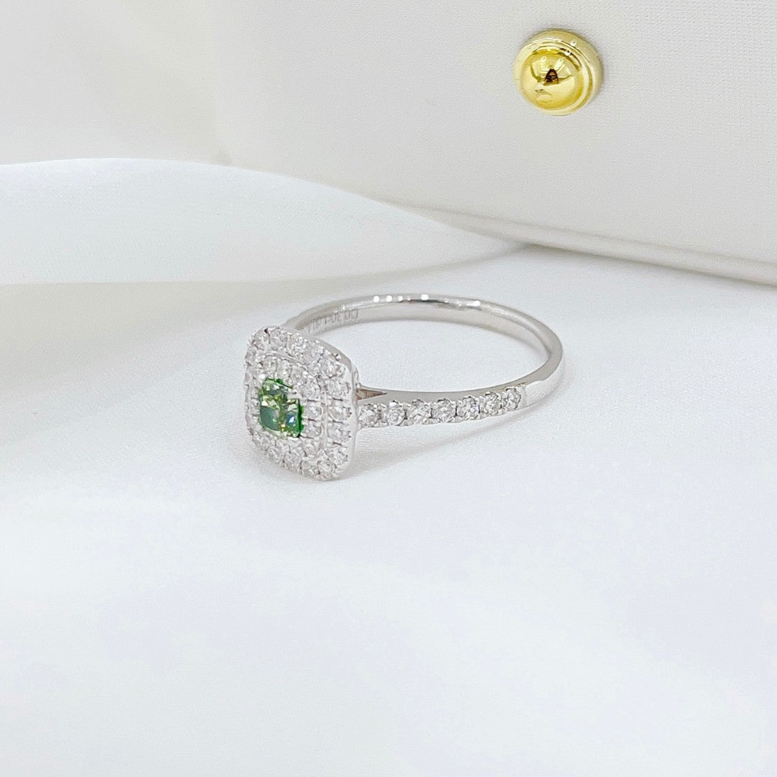 18K Green Diamond Cushion-Cut Halo Ring - Premium Jewelry - Green Diamond Ring