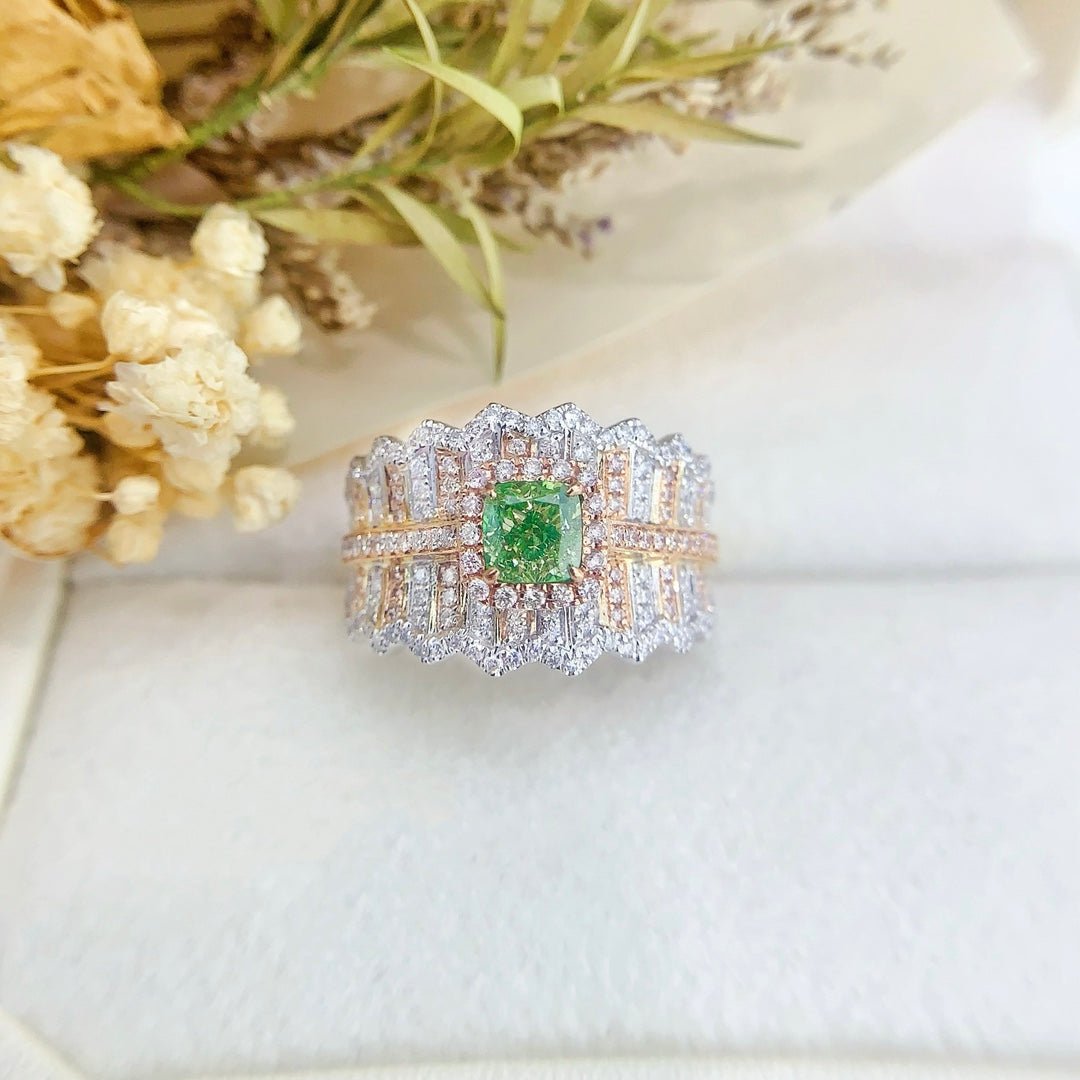 18K Green Diamond Cushion-Cut Halo Ring - Premium Jewelry - Green Diamond Ring