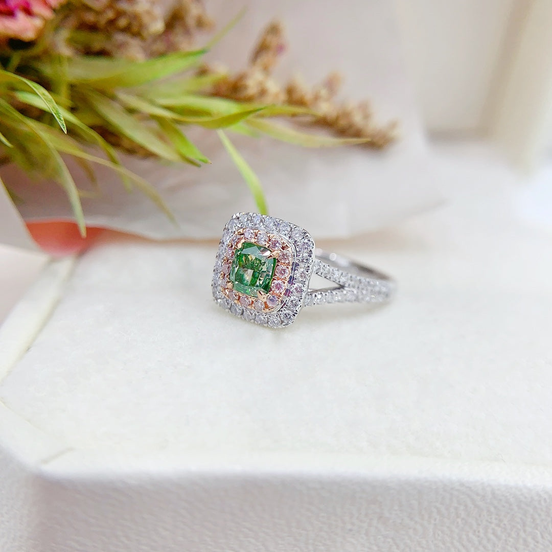 18K Green Diamond Cushion-Cut Halo Y-Arm Ring | Premium Jewelry - Green Diamond Ring