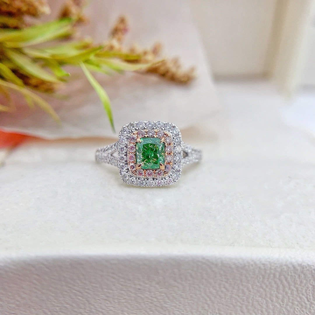 18K Green Diamond Cushion-Cut Halo Y-Arm Ring | Premium Jewelry - Green Diamond Ring