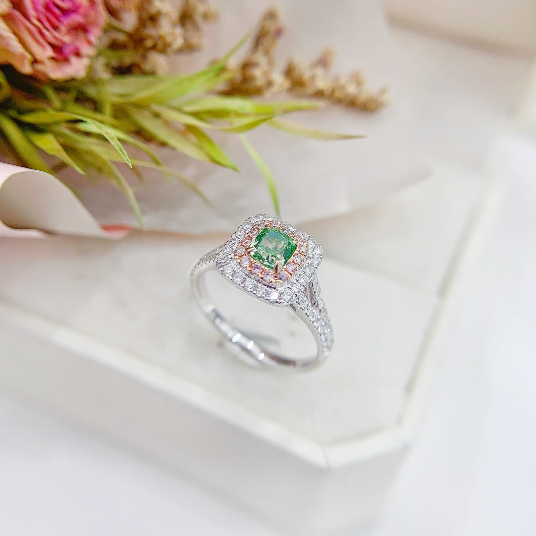 18K Green Diamond Cushion-Cut Halo Y-Arm Ring | Premium Jewelry - Green Diamond Ring