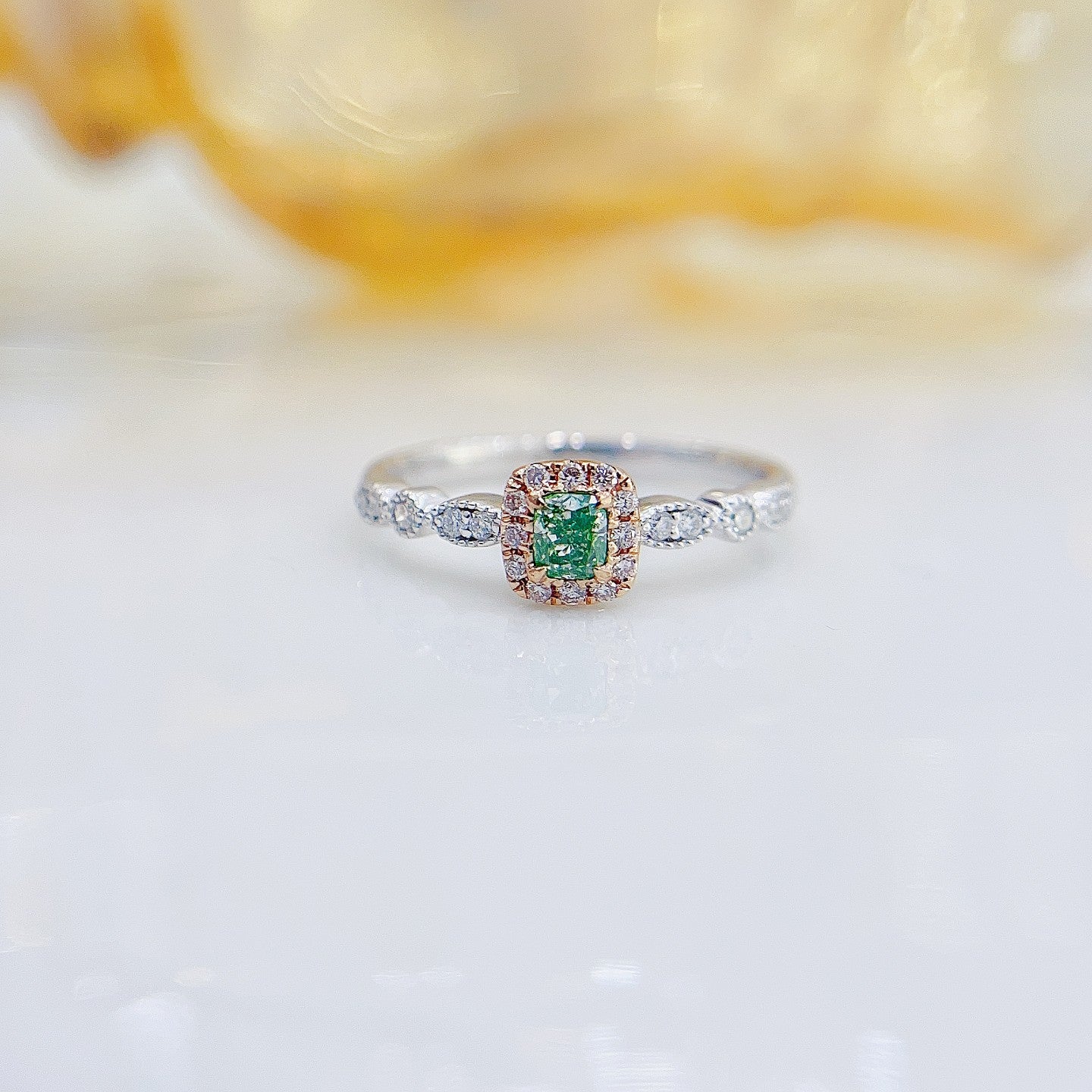 18K Green Diamond Cushion Cut Ring - Premium Jewelry Choice - Green Diamond Ring