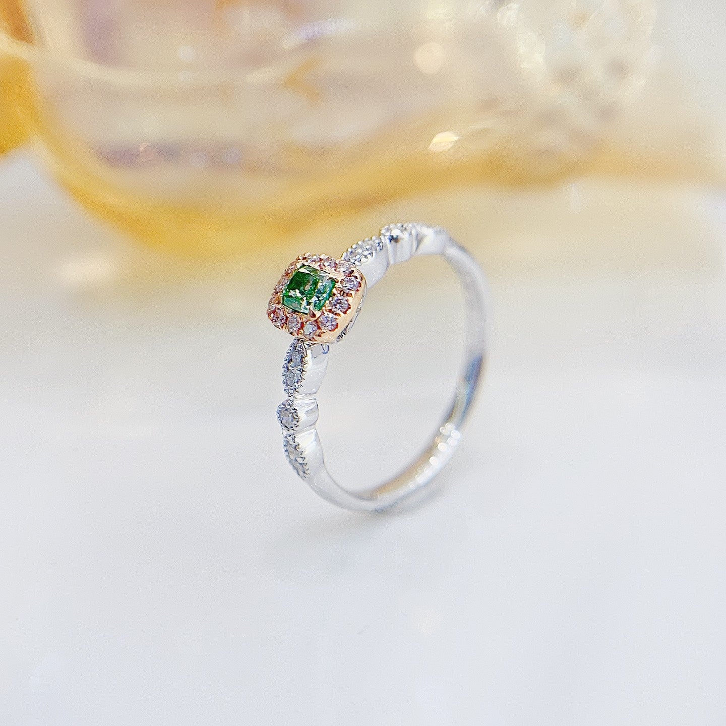 18K Green Diamond Cushion Cut Ring - Premium Jewelry Choice - Green Diamond Ring