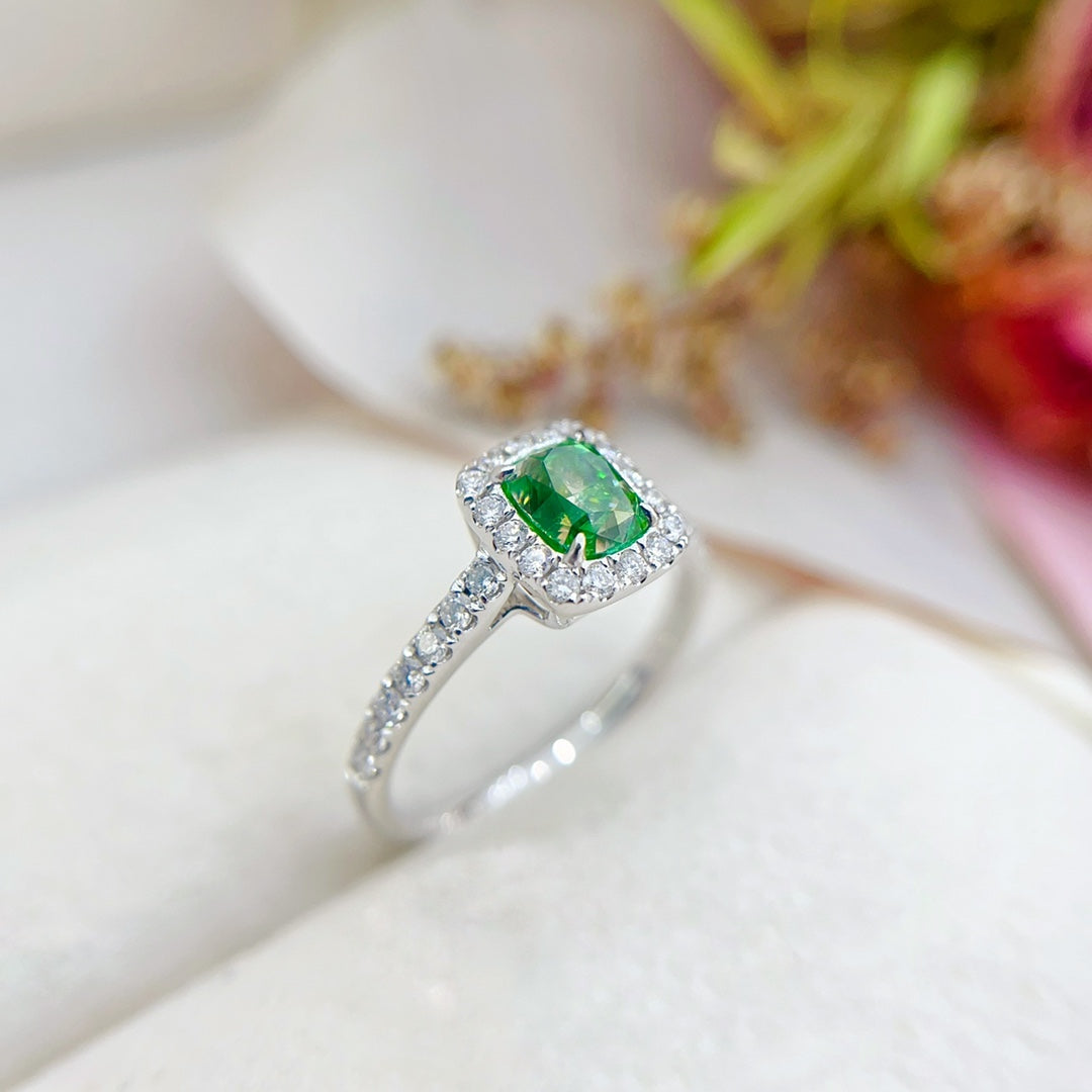 18K Green Diamond Cushion-Cut Solitaire Ring with Certificate - Green Diamond Ring