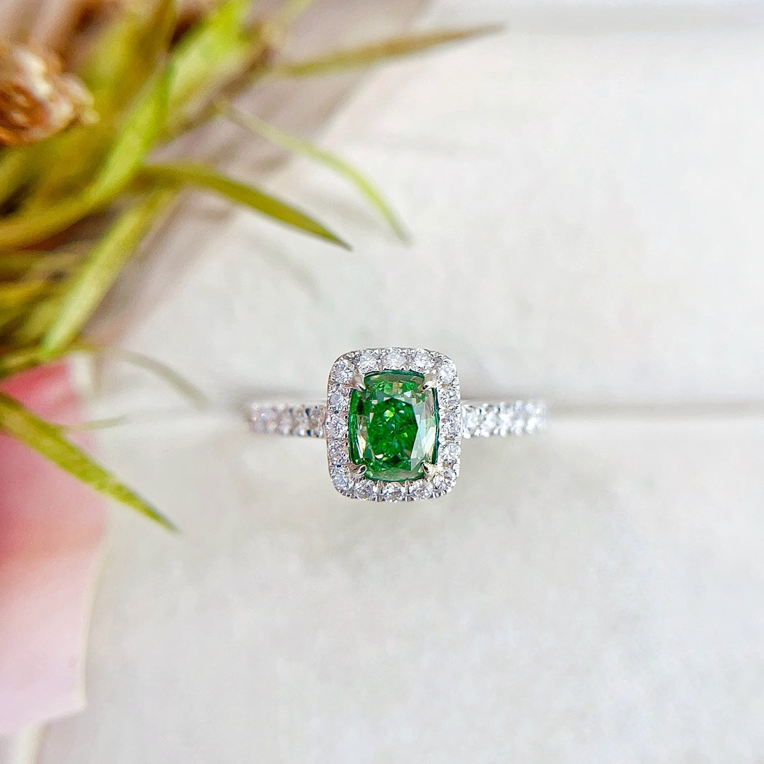 18K Green Diamond Cushion-Cut Solitaire Ring with Certificate - Green Diamond Ring