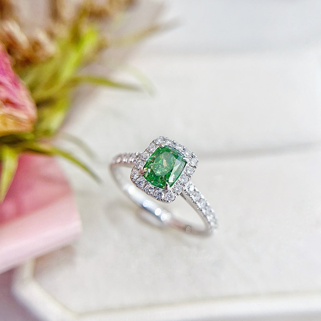 18K Green Diamond Cushion-Cut Solitaire Ring with Certificate - Green Diamond Ring