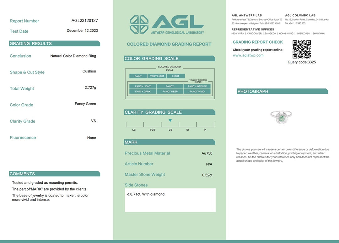 18K Green Diamond Cushion-Cut Surround Ring with AGL Certificate | Premium Jewelry - Green Diamond Ring