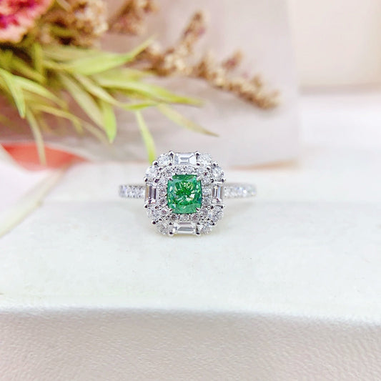 18K Green Diamond Cushion-Cut Surround Ring with AGL Certificate | Premium Jewelry - Green Diamond Ring