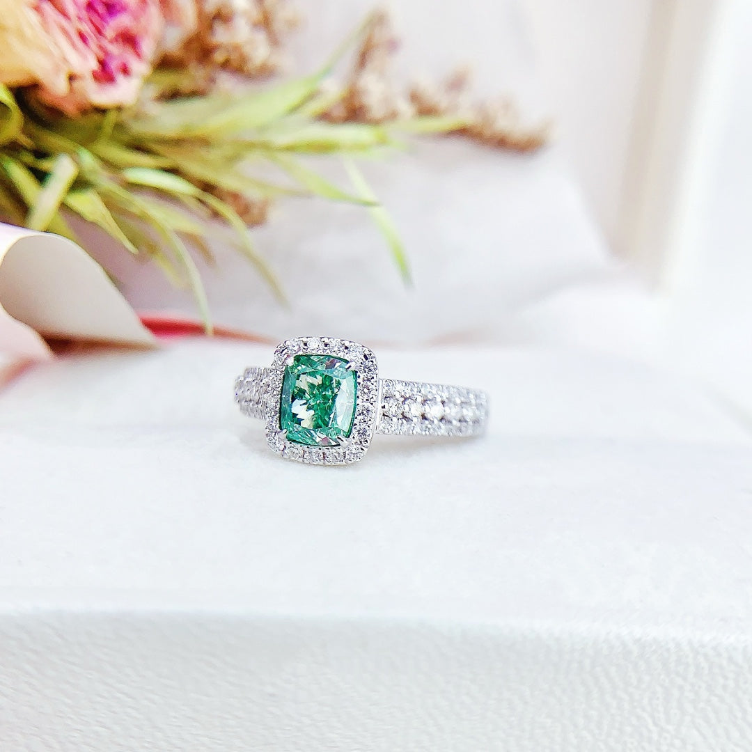 18K Green Diamond Cushion-Cut Three-Row Band Ring with AGL Certificate | Premium Jewelry - Green Diamond Ring