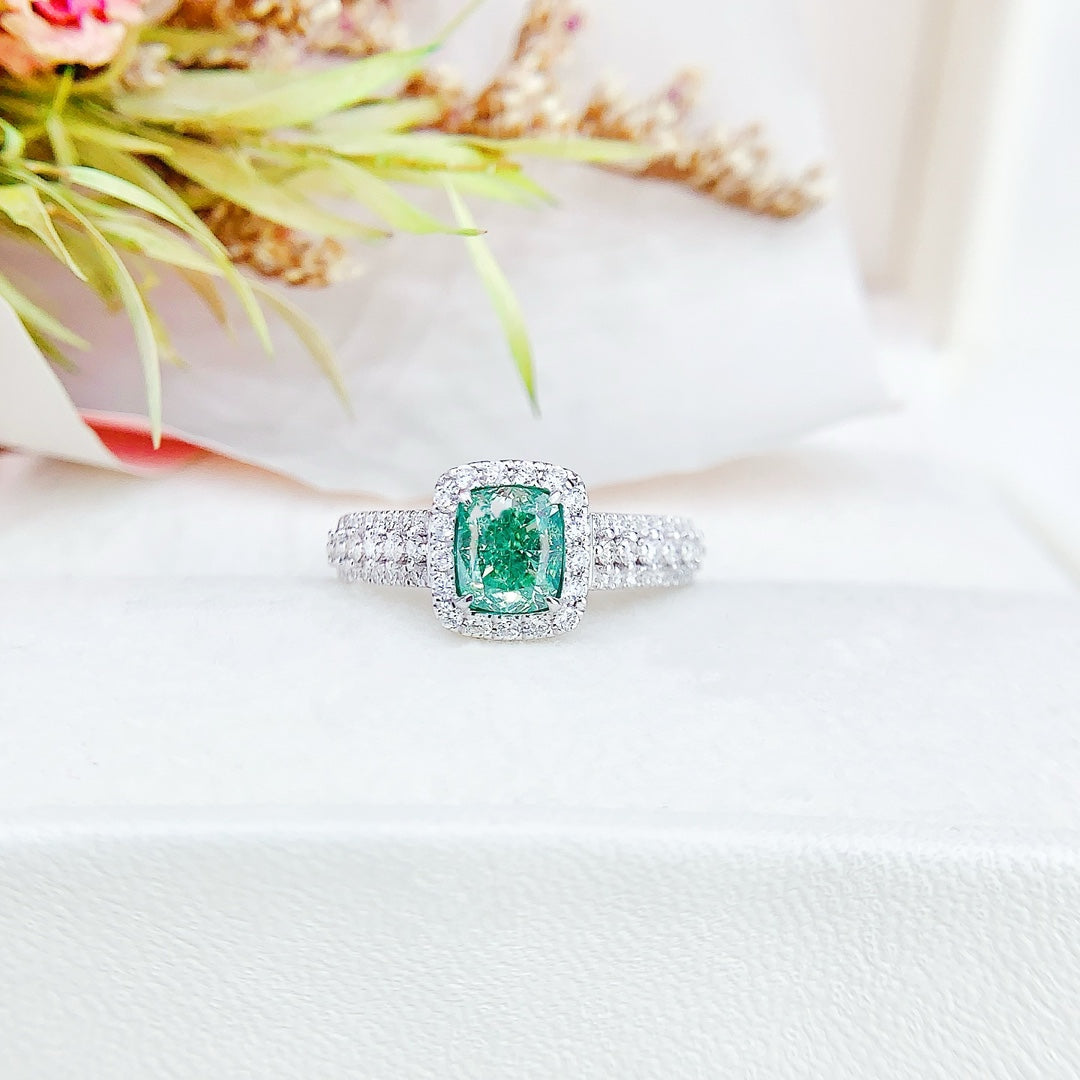 18K Green Diamond Cushion-Cut Three-Row Band Ring with AGL Certificate | Premium Jewelry - Green Diamond Ring