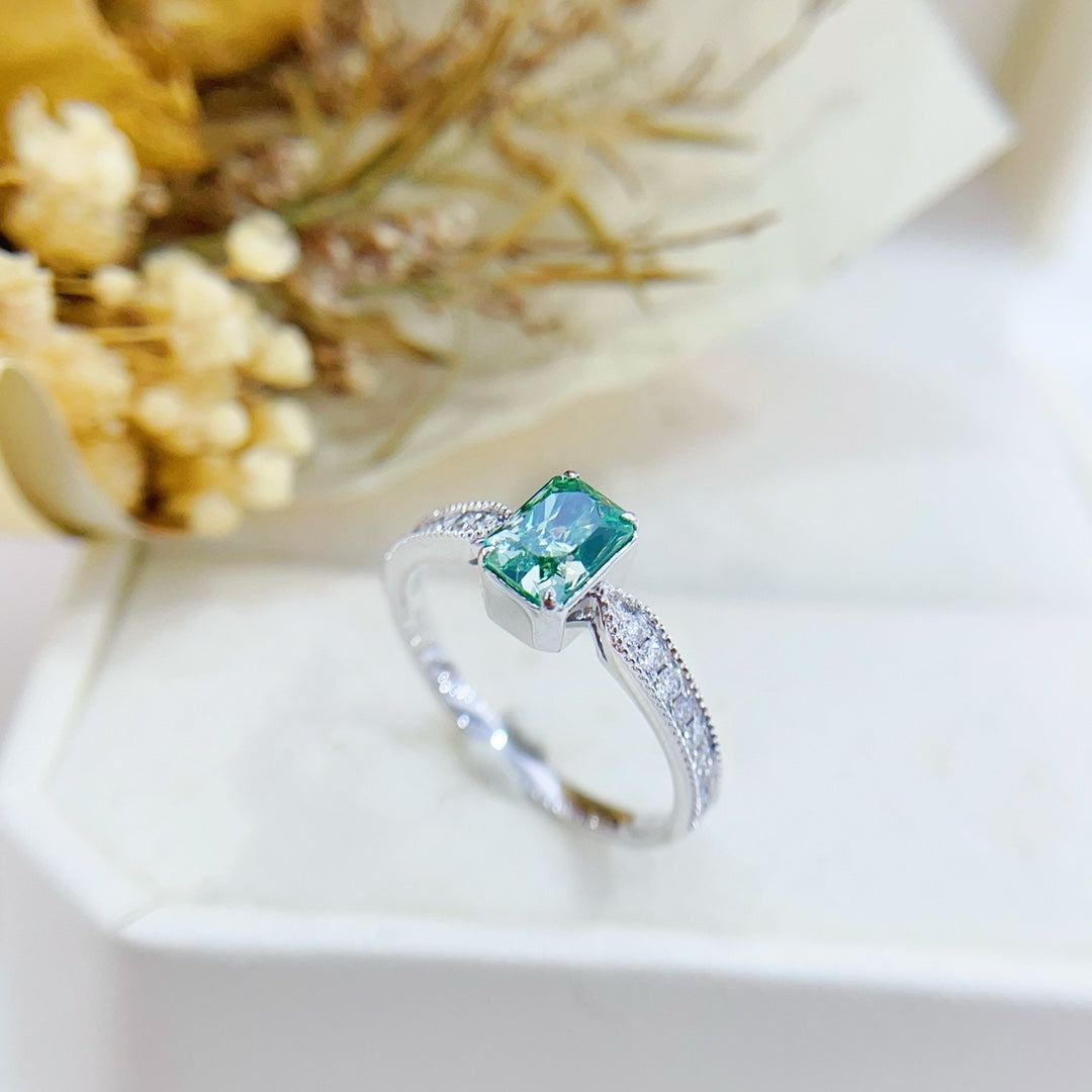 18K Green Diamond Cushion Solitaire Straight Arm Ring - Premium Jewelry - Green Diamond Ring