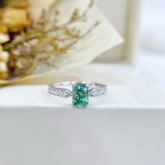 18K Green Diamond Cushion Solitaire Straight Arm Ring - Premium Jewelry - Green Diamond Ring