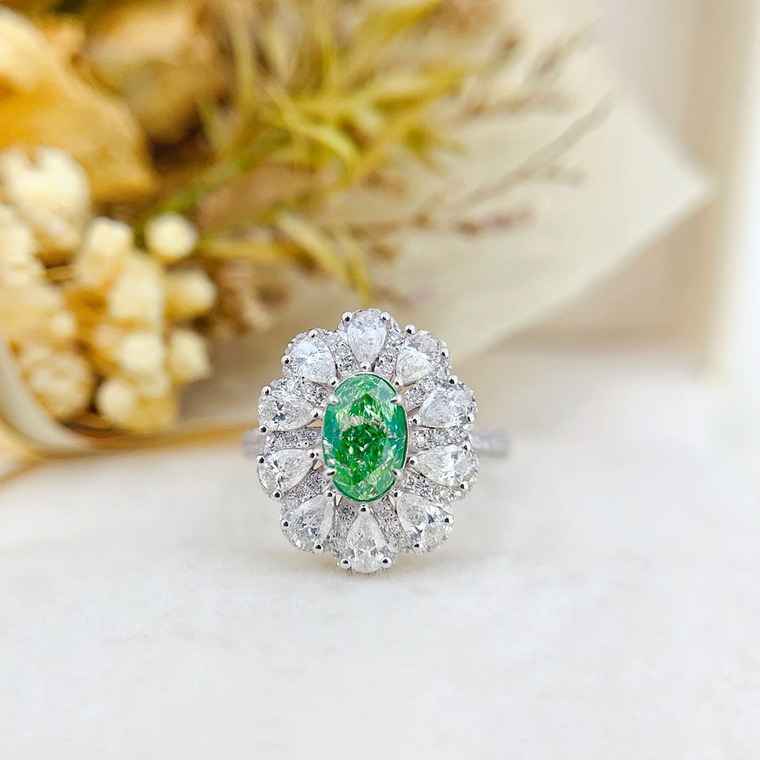 18K Green Diamond Double-Layer Two-Way Wear Oval Jewelry - Green Diamond Ring