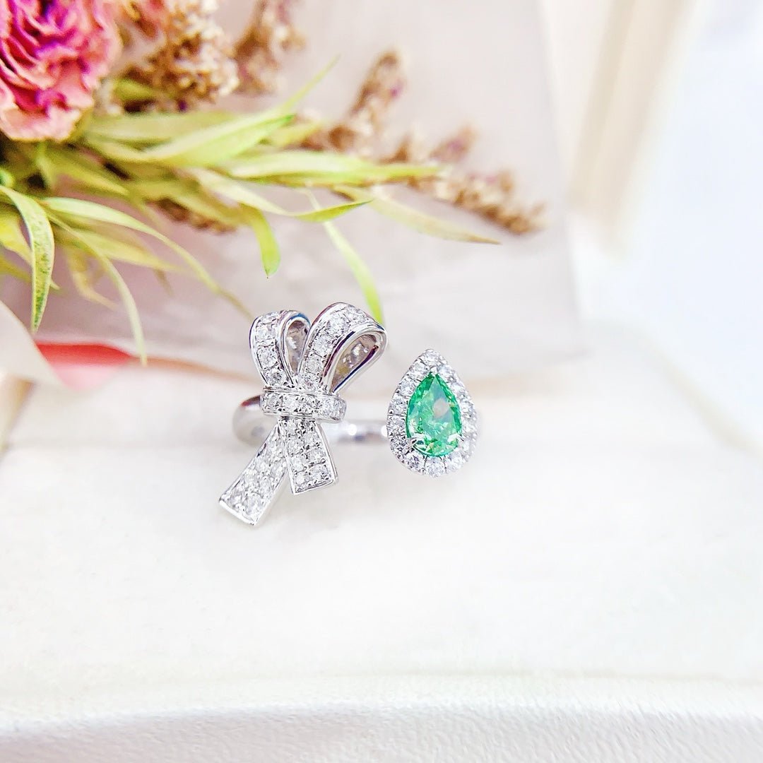 18K Green Diamond Drop Bowknot Open Ring - Elegant Jewelry Piece - Green Diamond Ring