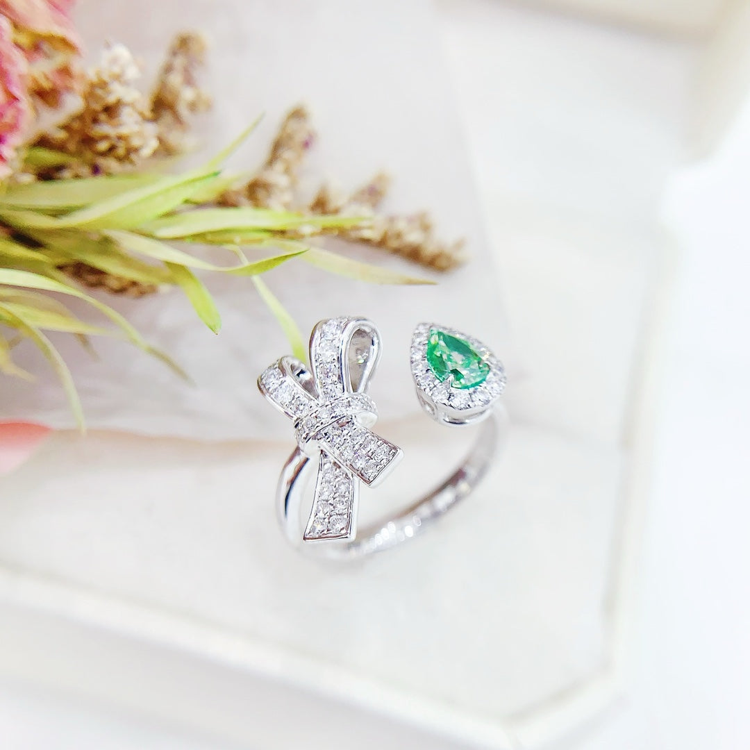 18K Green Diamond Drop Bowknot Open Ring - Elegant Jewelry Piece - Green Diamond Ring