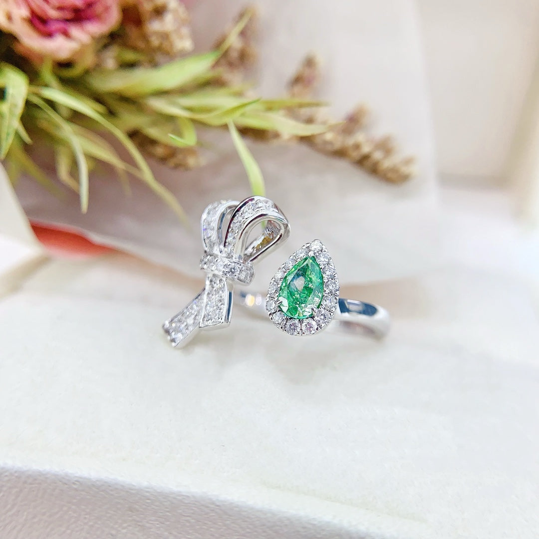 18K Green Diamond Drop Bowknot Open Ring - Elegant Jewelry Piece - Green Diamond Ring