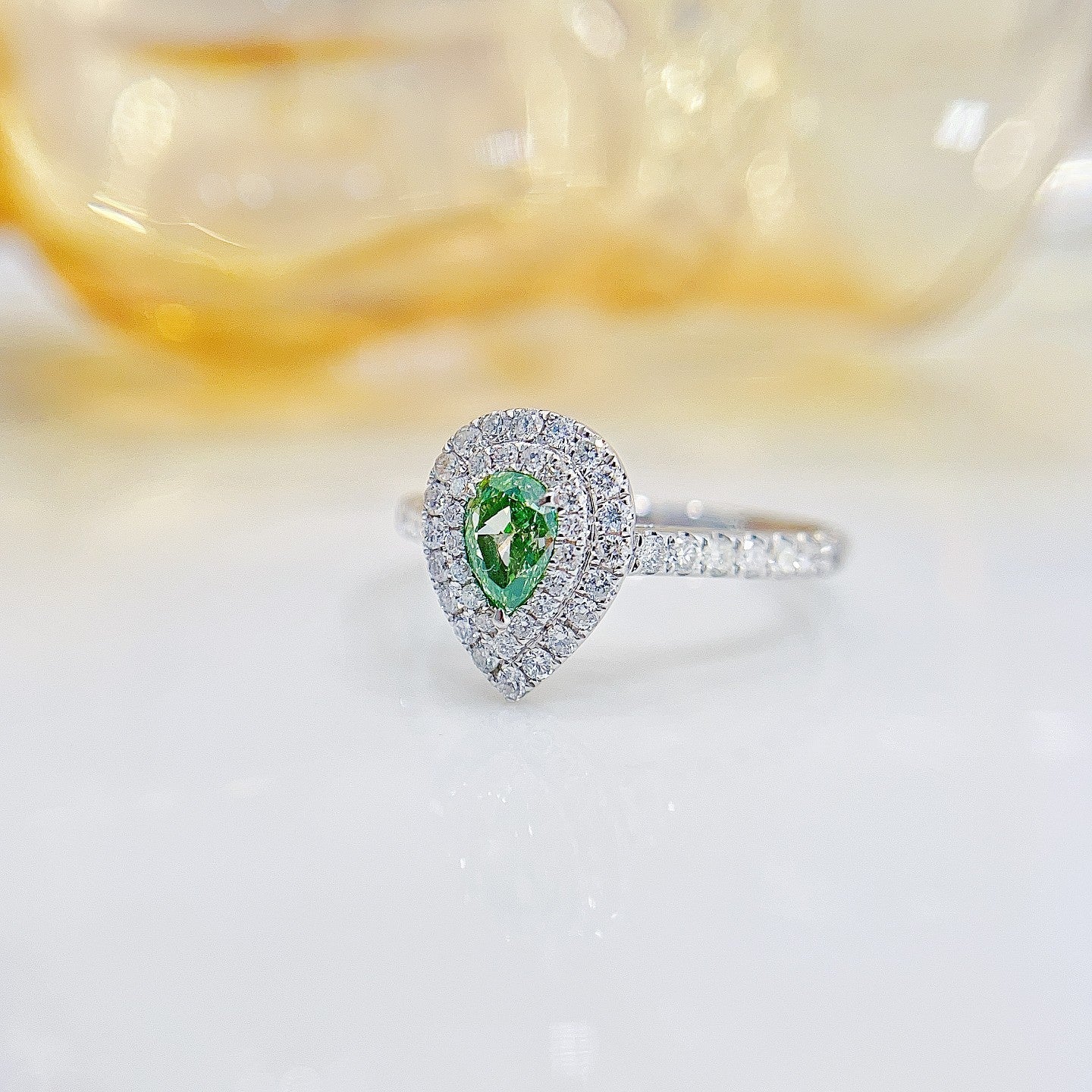 18K Green Diamond Drop Ring with Surrounding Stones | Luxury Jewelry - Green Diamond Ring