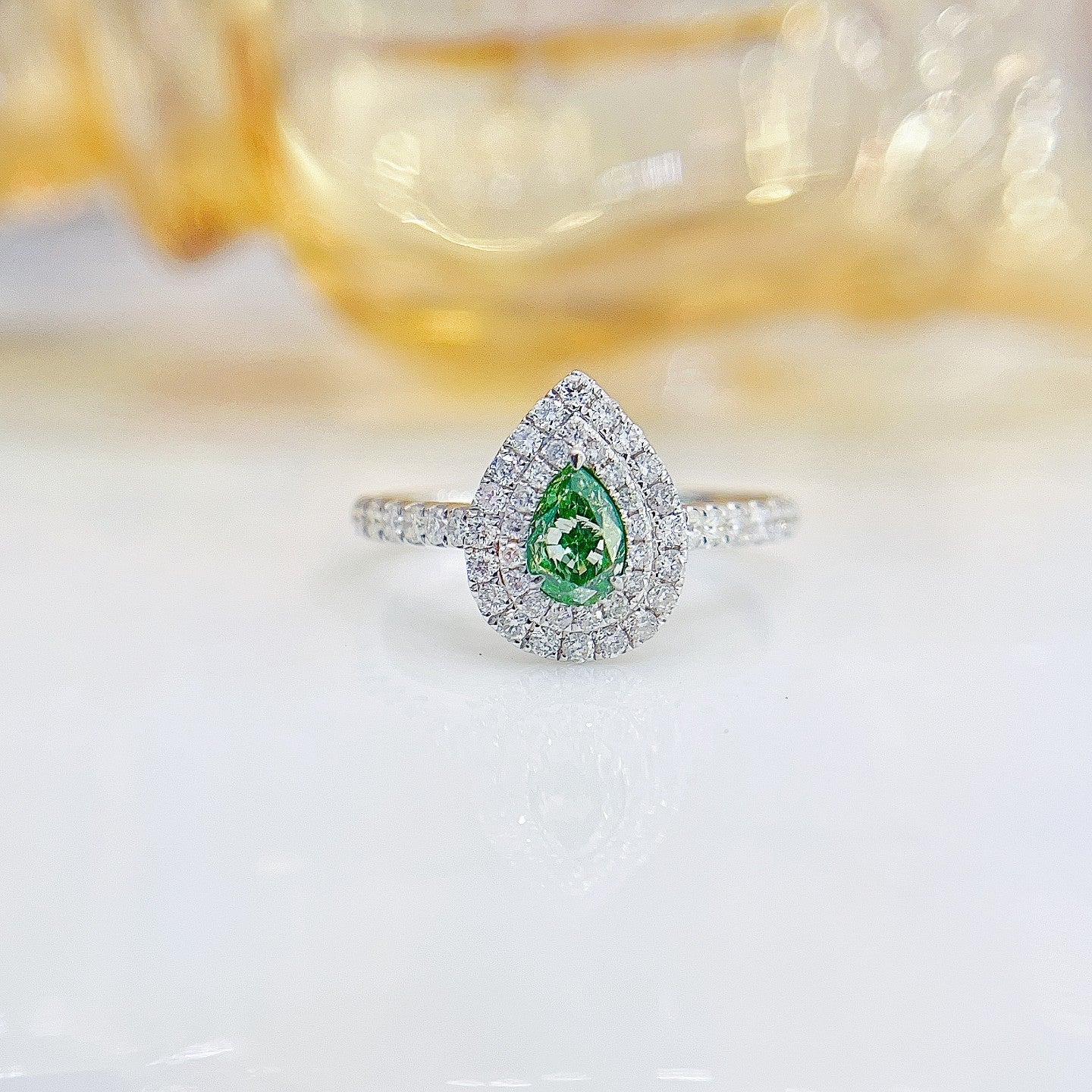 18K Green Diamond Drop Ring with Surrounding Stones | Luxury Jewelry - Green Diamond Ring