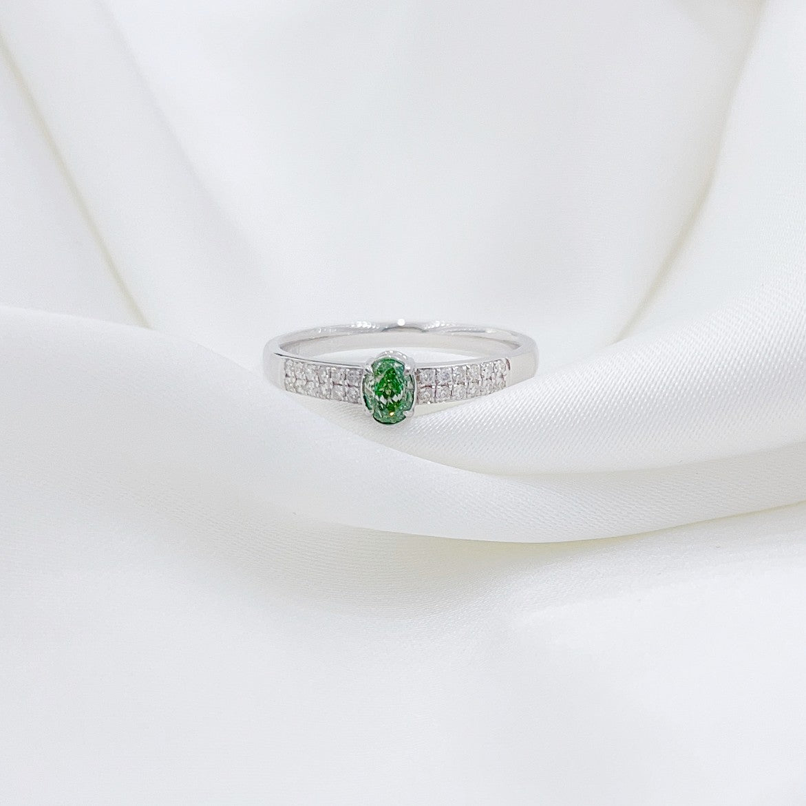 18K Green Diamond Elliptical Double Row Ring - Luxury Jewelry - Green Diamond Ring